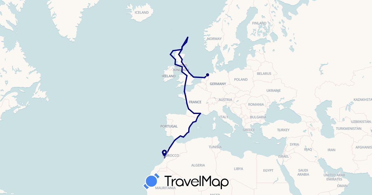 TravelMap itinerary: driving in Spain, France, United Kingdom, Gibraltar, Jersey, Morocco, Netherlands (Africa, Europe)